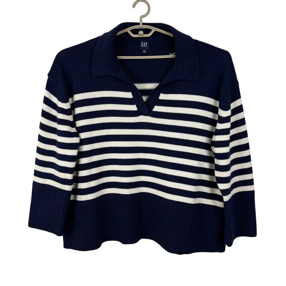 GAP 24/7 Split-Hem Polo Sweater Navy Blue White Stripes XL Cotton 875129